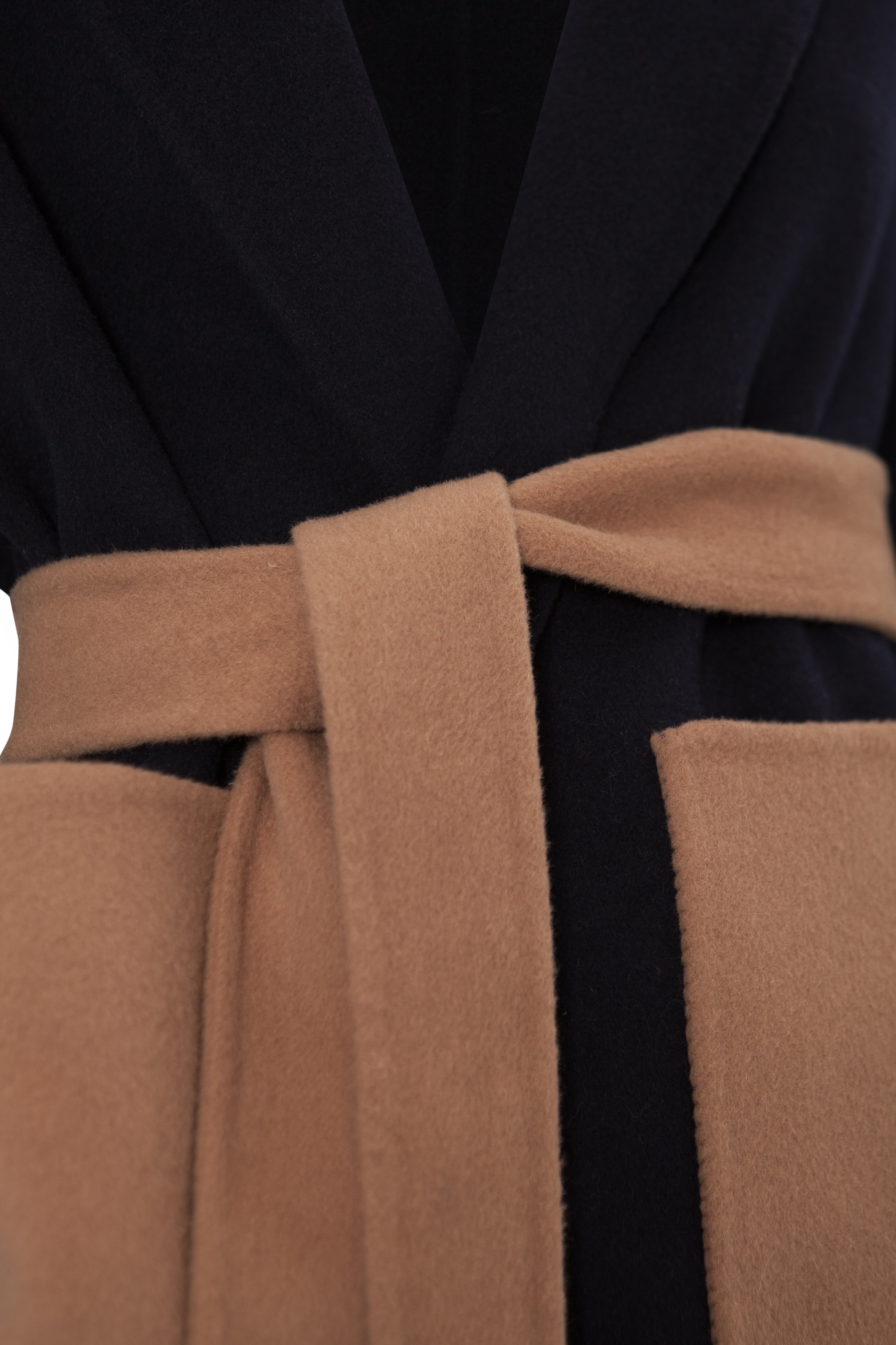 Belted Fur Cuff Coat - Blu Navy/Cammello